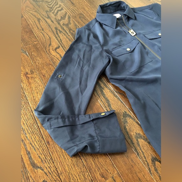 Michael Kors Women’s XS Navy Blue Long/Short-Sleeves Full-Zip Collared Blouse - Picture 2 of 10